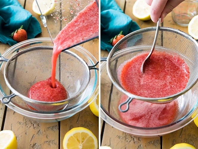 How to make strawberry lemonade: straining puree through strainer