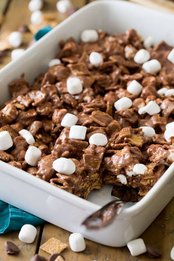 S'mores cereal bars in white baking dish