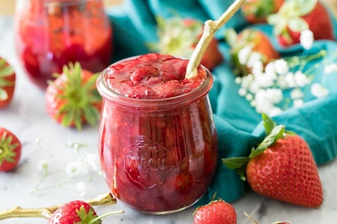 Strawberry sauce in a glass jar