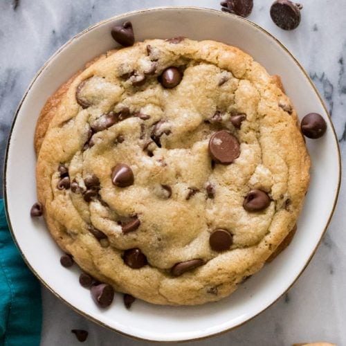 giant chocolate chip cookie in bowl