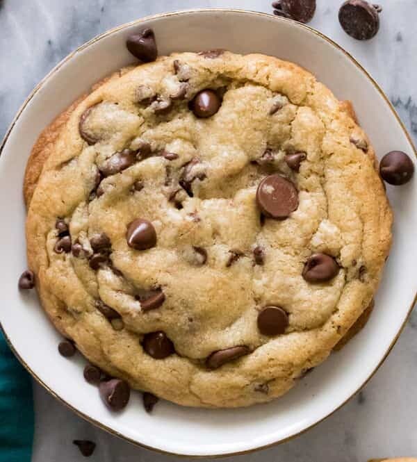 giant chocolate chip cookie in bowl