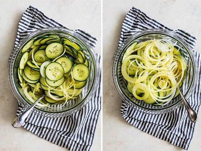 How to make refrigerator pickles: stirring cucumbers and onions in brine