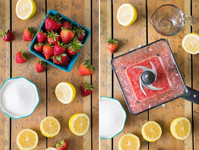Ingredients for strawberry lemonade: puree in blender