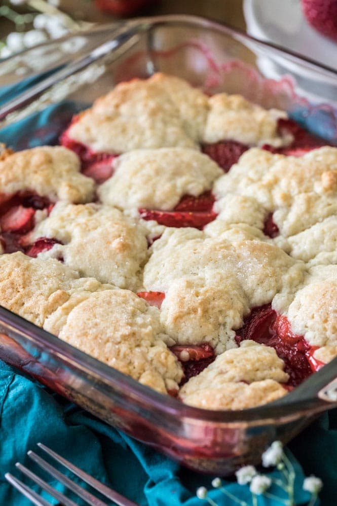 Strawberry cobbler baked in glass baking dish