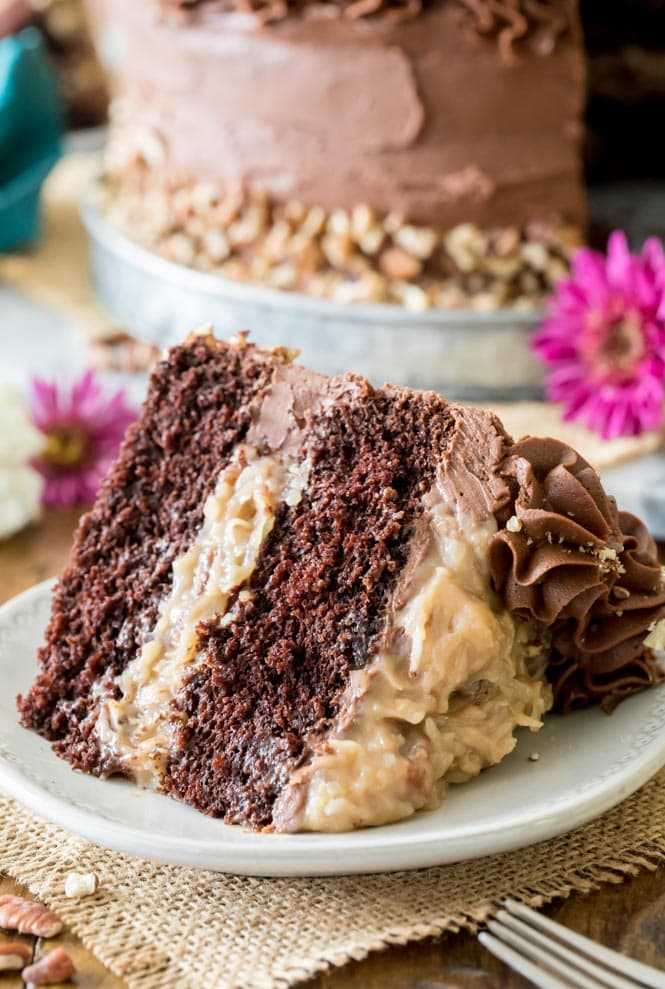 Slice of German Chocolate Cake on white plate