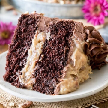 Slice of german chocolate cake on white plate