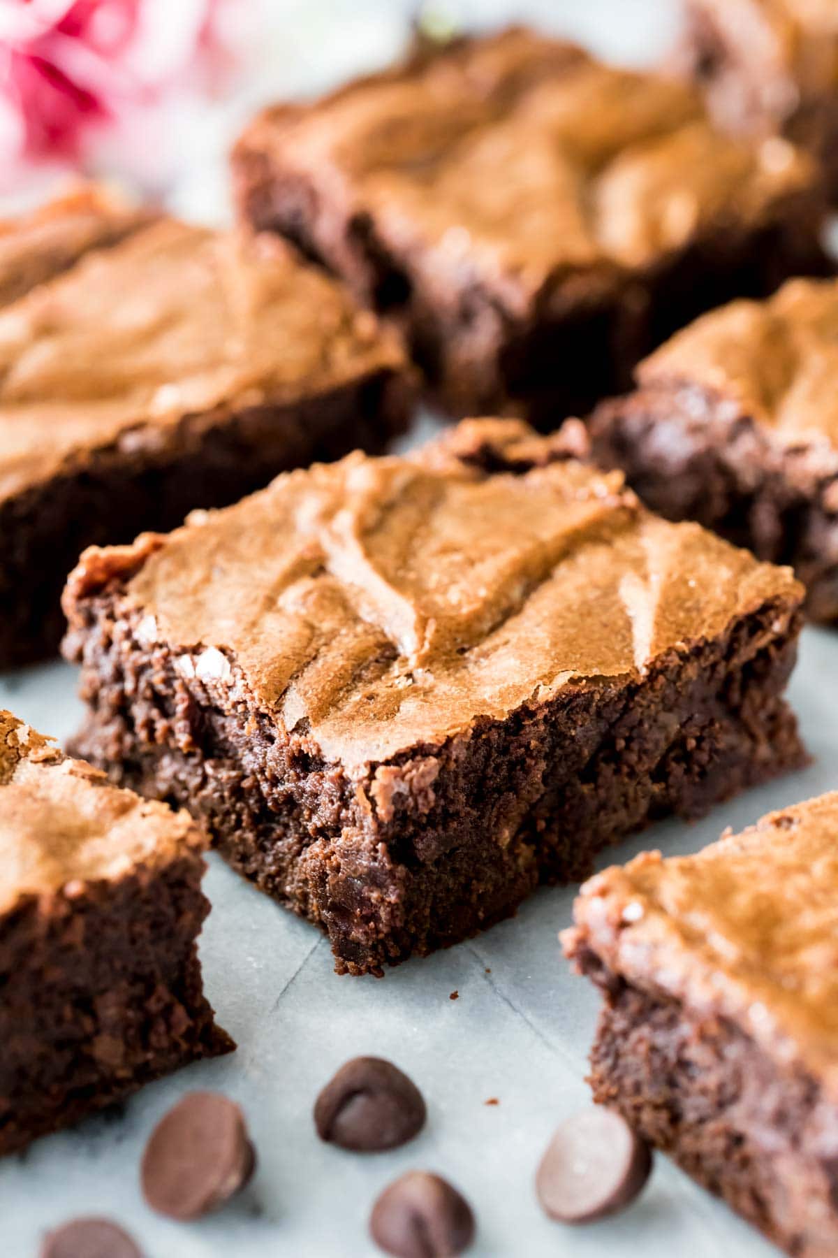 Brownies from scratch, cut into squares on marble with chocolate chips