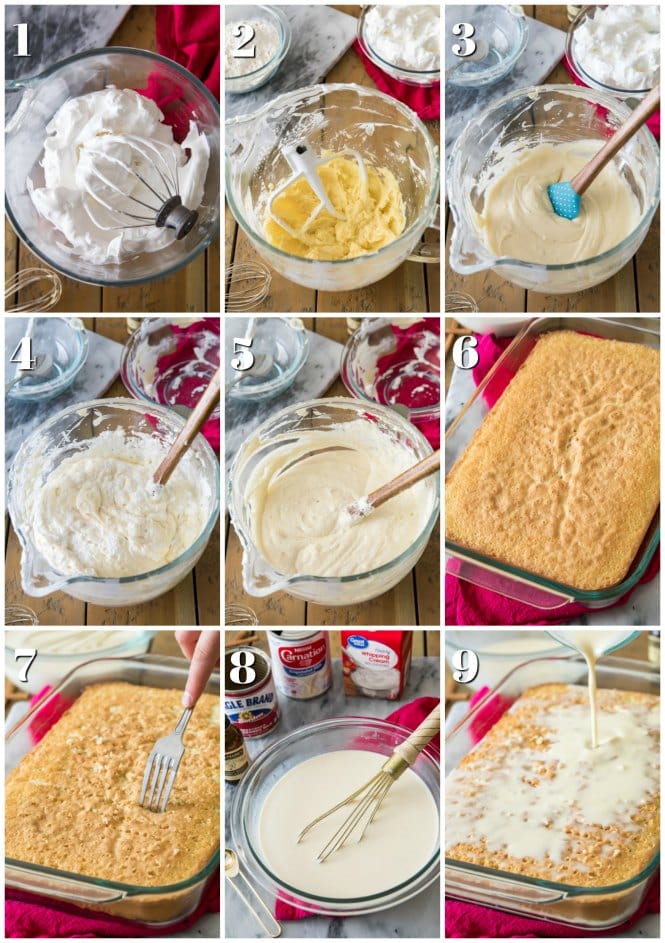 step by step photos for making Tres Leches Cake that illustrate the "how to" steps in post