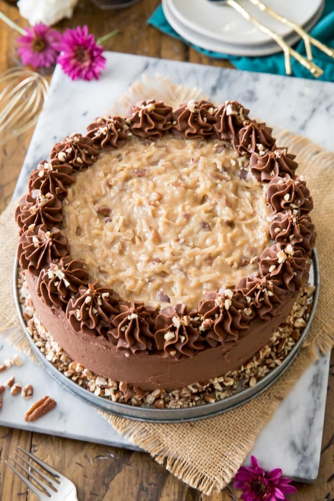 Whole German Chocolate Cake on marble board