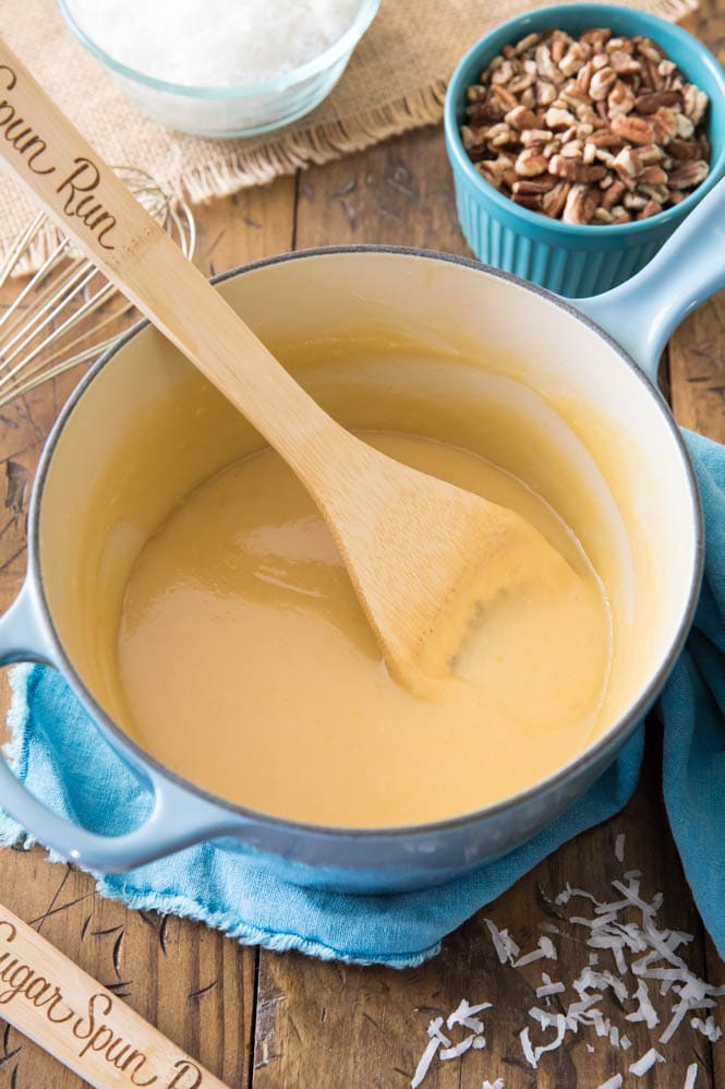 How to make caramel filling for german chocolate cake: slightly golden and thickened in saucepan