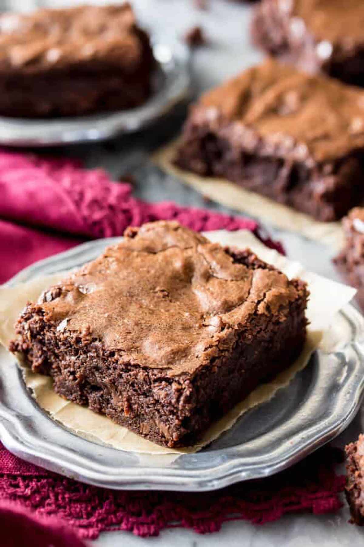 Brownie square on a silver plate