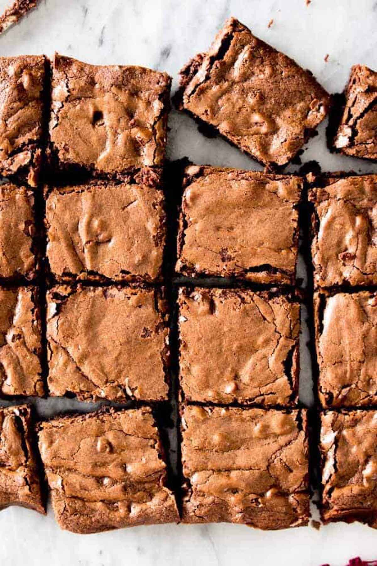 Overhead of homemade brownies cut in to squares