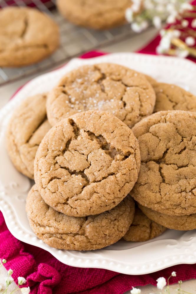 Soft gingersnap cookies on a white plate