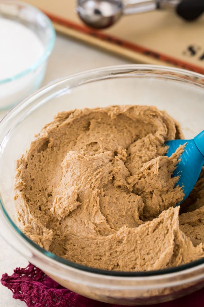 Soft gingersnap cookie dough in glass bowl