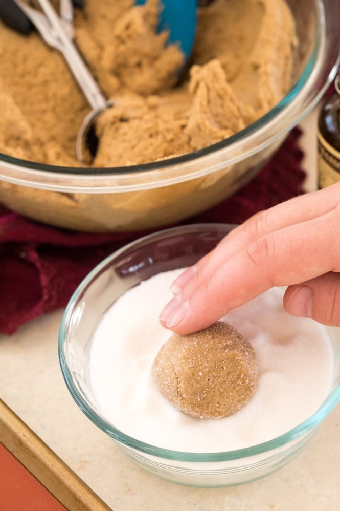 Rolling gingersnap cookie dough through granulated sugar