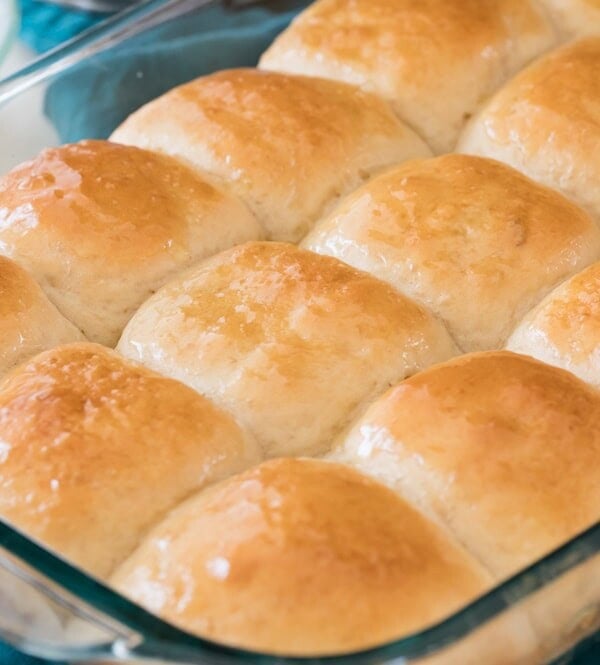 Dinner rolls in glass baking dish