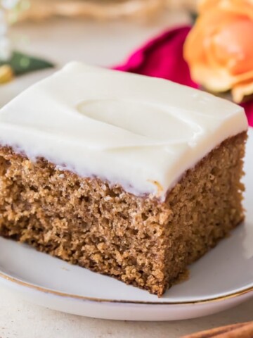 Piece of spice cake on white plate