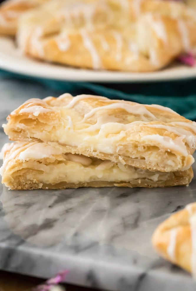 Cheese danish cut in half showing creamy center