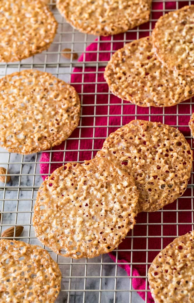 Lace cookies on a cooling rack