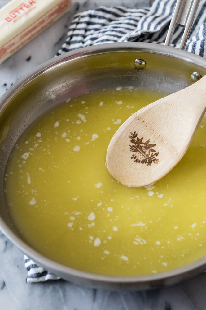 First step of making brown butter: melt butter in saucepan over medium heat