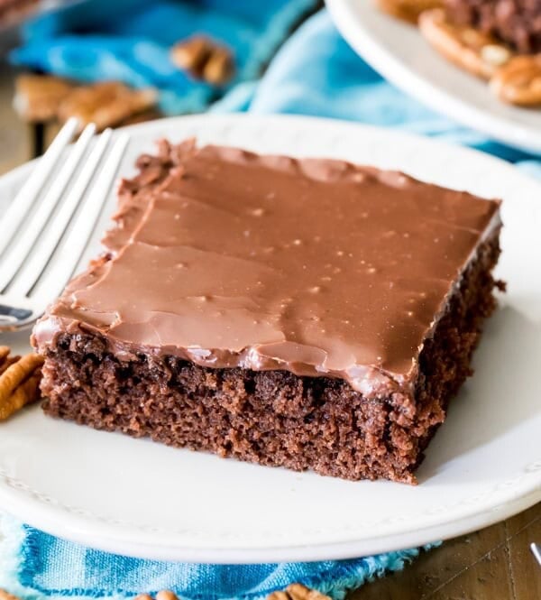 texas sheet cake on white plate