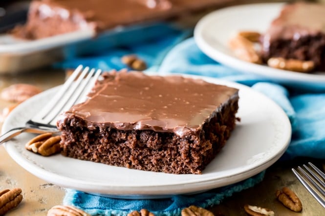 Slice of chocolate sheet cake on white plate