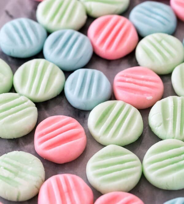 cream cheese mints on marble surface