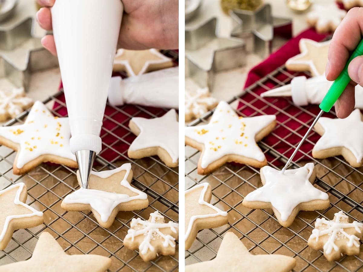 two picture collage showing a sugar cookie being outlined and filled with royal icing (left) and the icing being smoothed with a stylus tool (right)