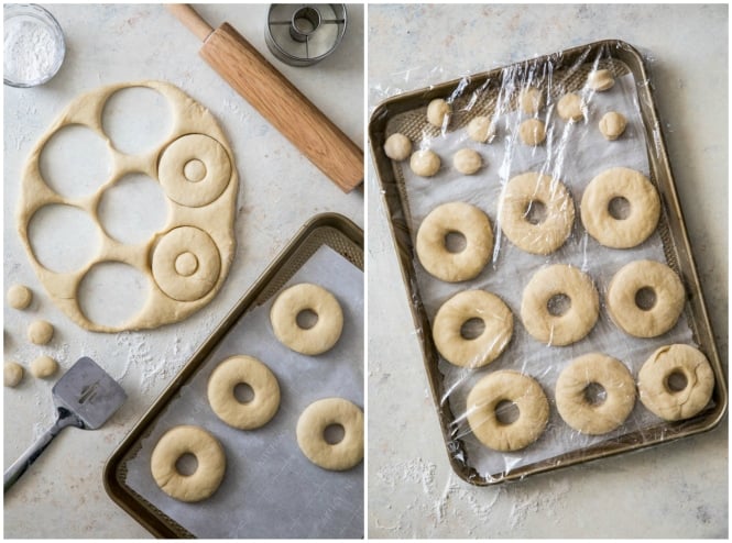 Cutting donuts and donut holes out of donut dough and transferring to baking sheet to rise