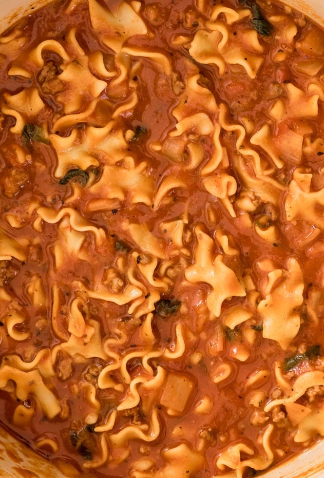 Close-up, how to make lasagna soup: after adding all ingredients