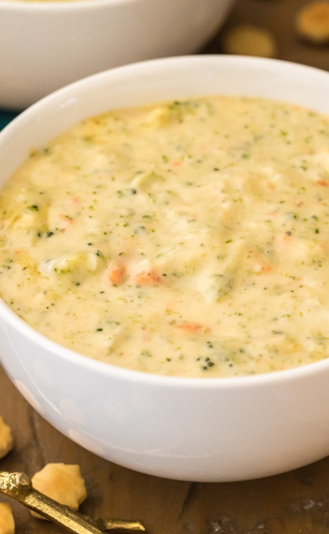 Broccoli cheese soup in a white bowl
