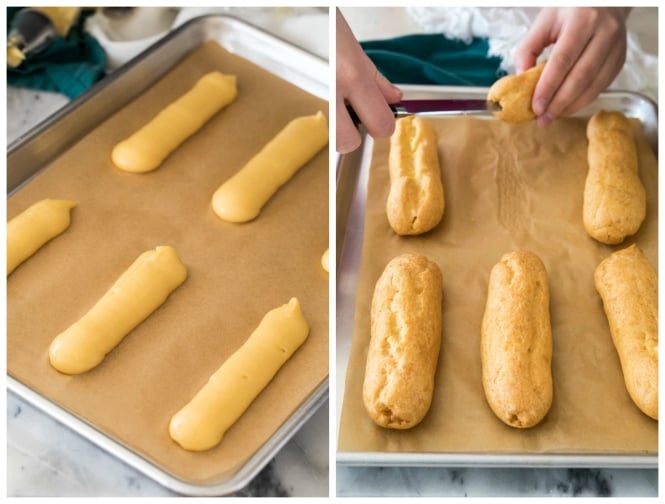 Piping choux pastry then puncturing with a knife for filling