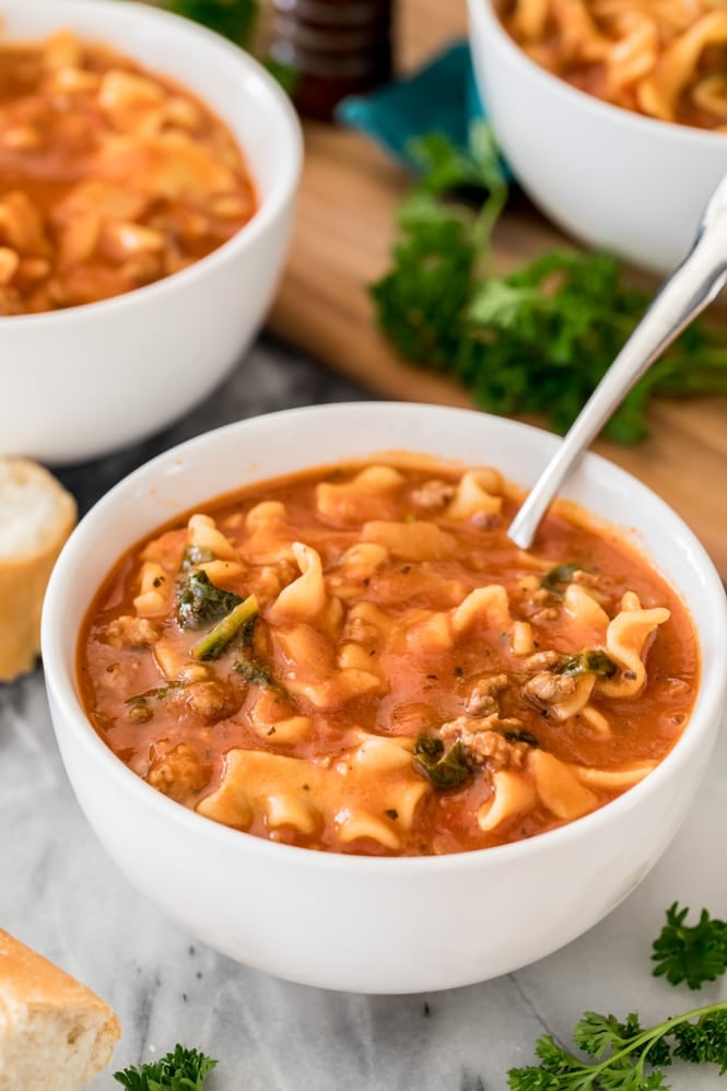 White bowl filled with lasagna soup