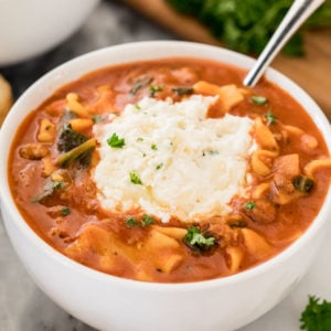 lasagna soup in white bowl