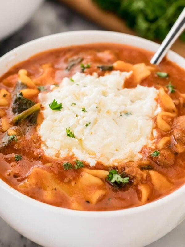 lasagna soup in white bowl