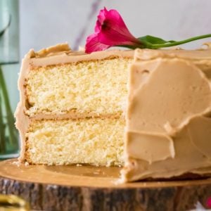 caramel cake with slice taken out