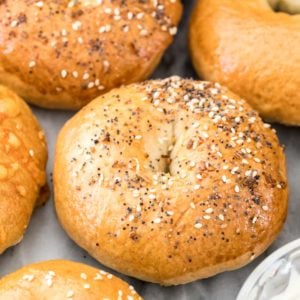 cooked bagel on marble