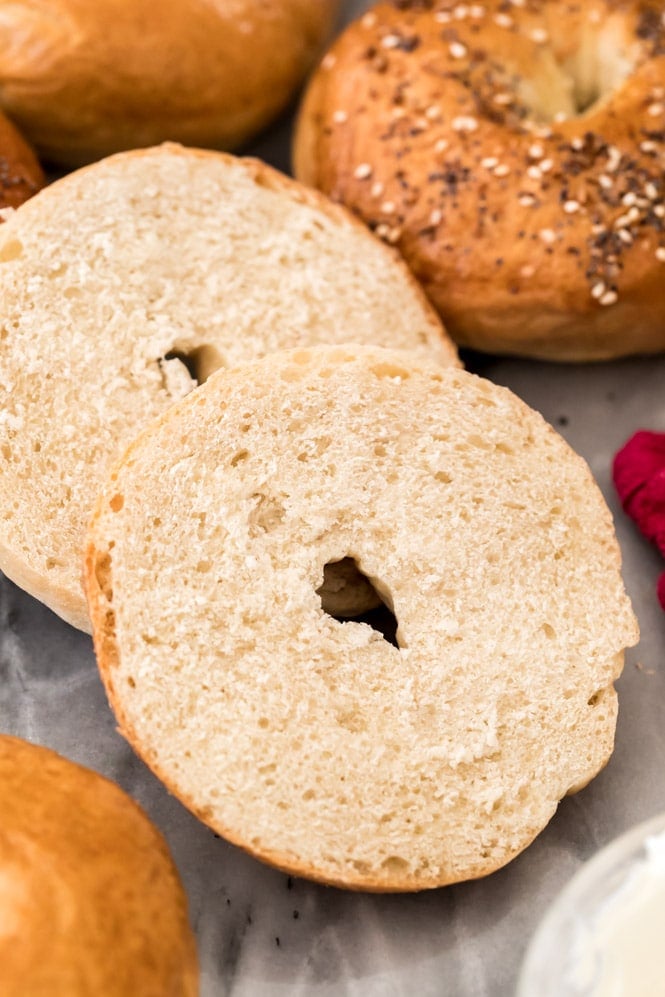 sliced bagel on marble