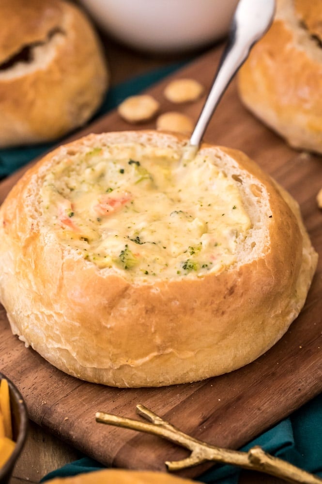 broccoli cheese soup in a bread bowl