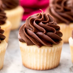 Chocolate buttercream frosting on vanilla cupcake