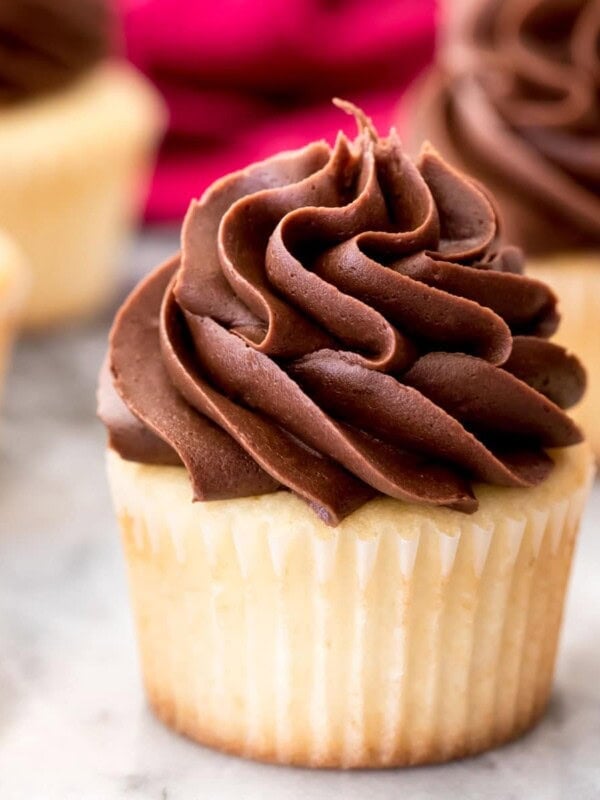 Chocolate buttercream frosting on vanilla cupcake