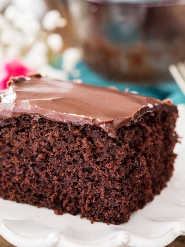 slice of crazy cake on a white plate