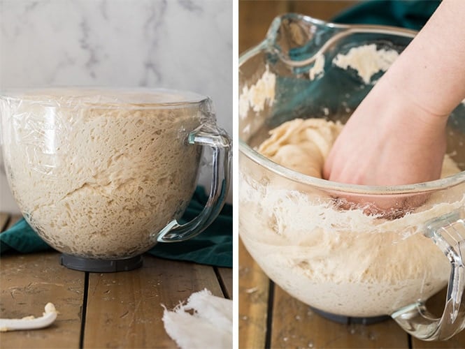 2 pictures: (left) risen bread dough: (Right) bread dough being punched down