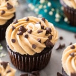 cookie dough frosting on chocolate cupcake