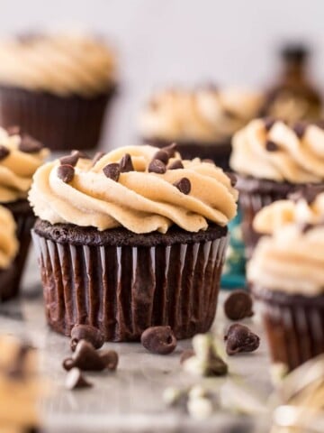 cookie dough frosting on chocolate cupcake