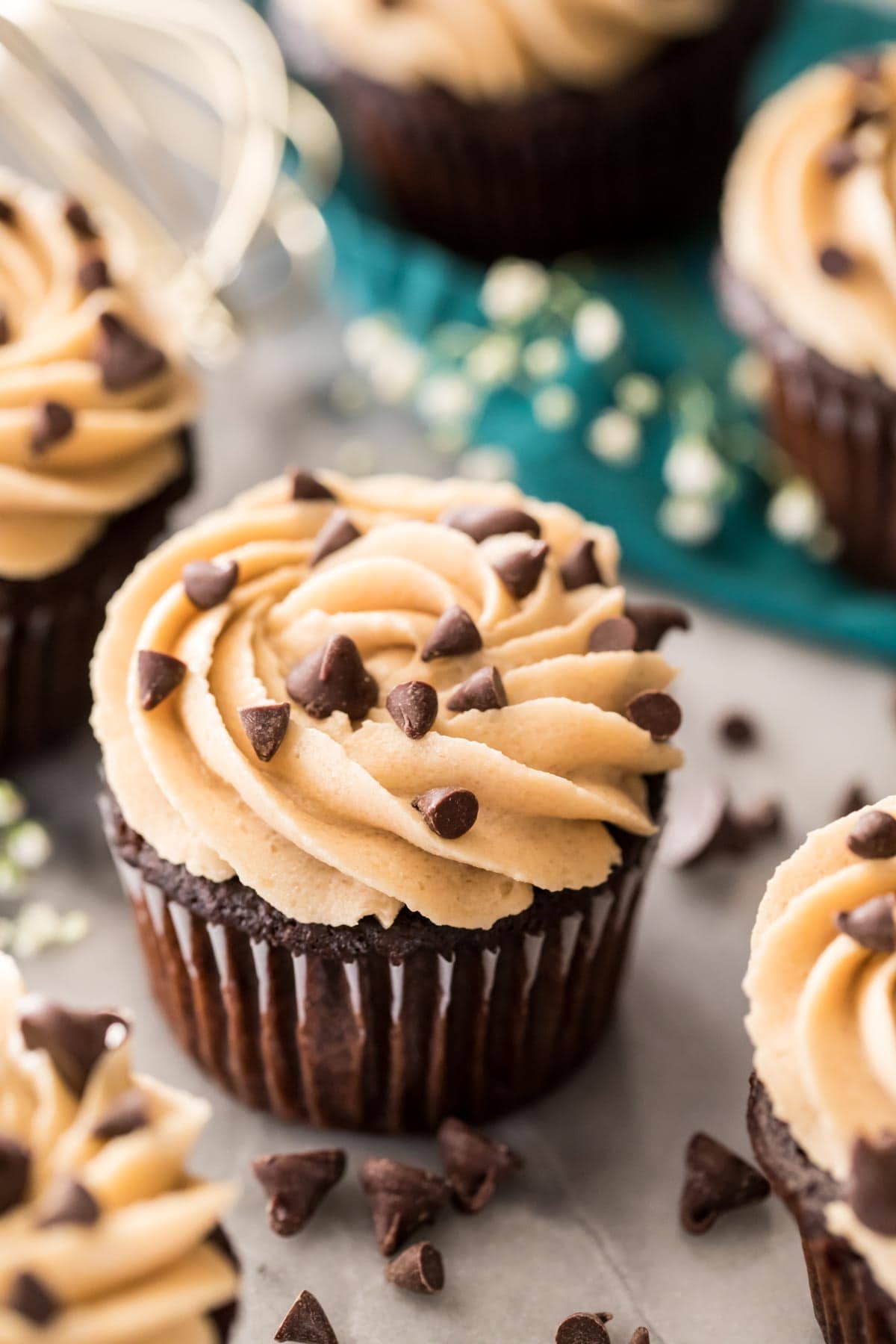 Cookie dough frosting on chocolate cupcake