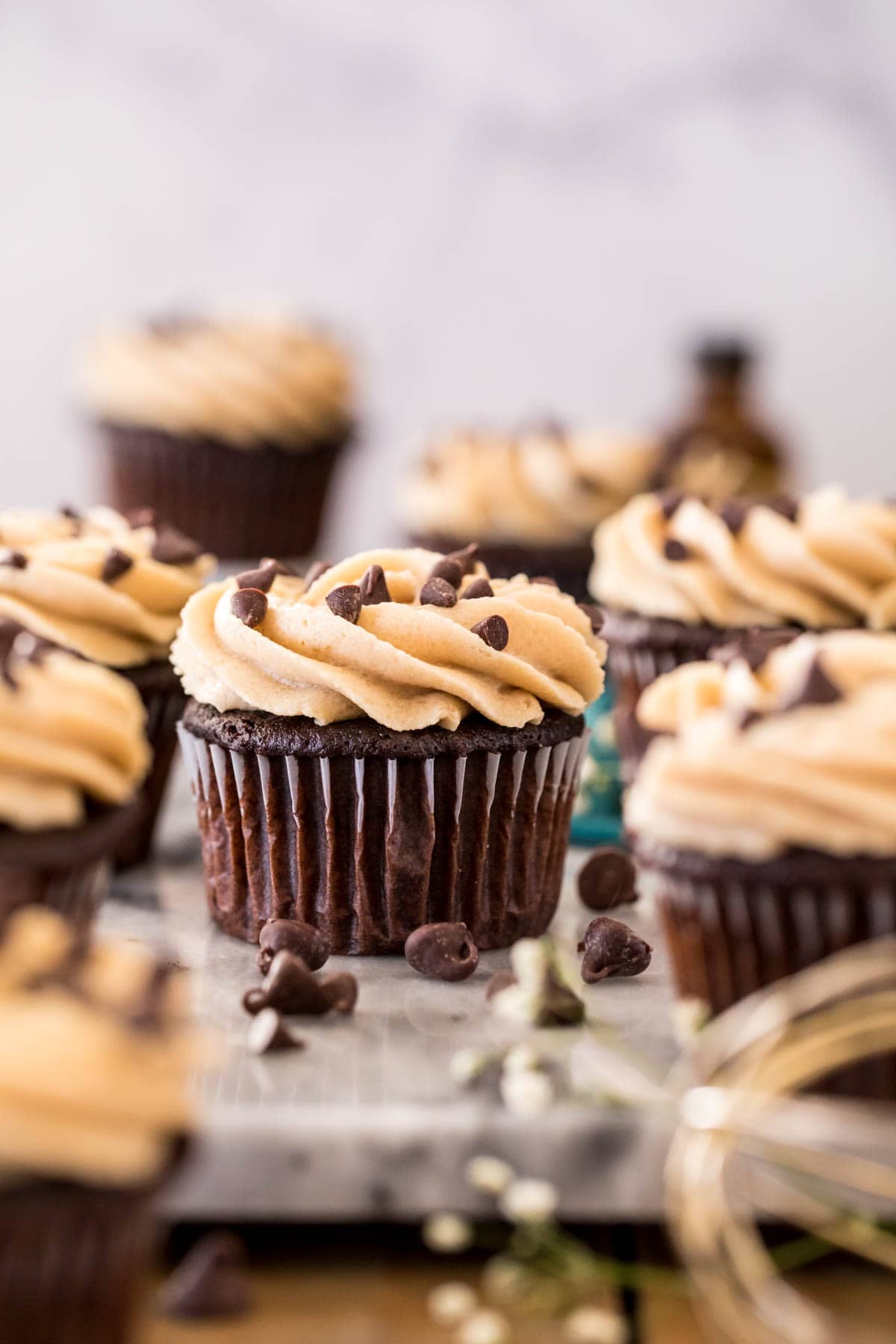 Cookie dough frosting on chocolate cupcake