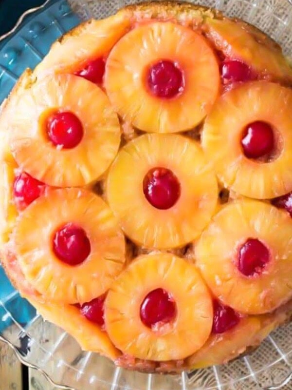 overhead of pineapple upside down cake on crystal platter