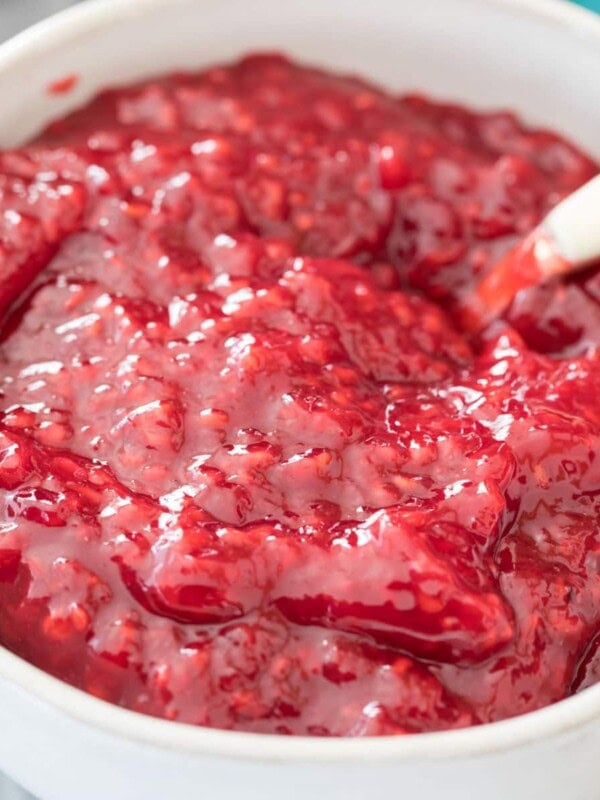 raspberry cake filling in white bowl