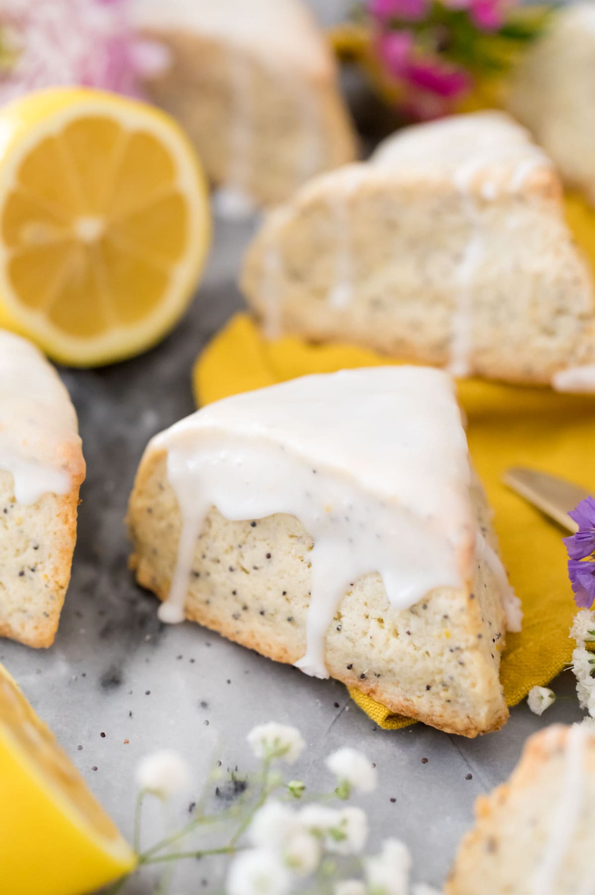 lemon poppyseed scones on marble board